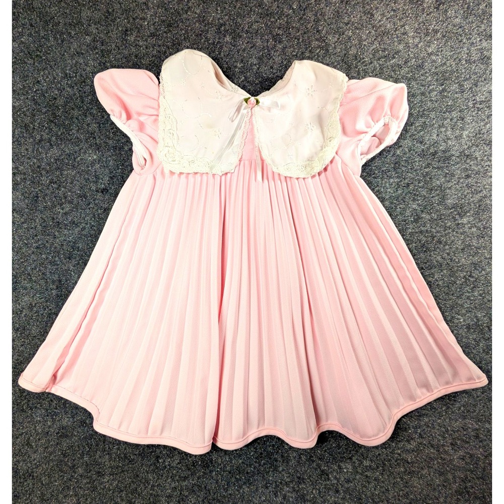 Vintage Rose Cottage 3T Pink A-Line Pleated Dress  Lace Collar Puff Sleeve